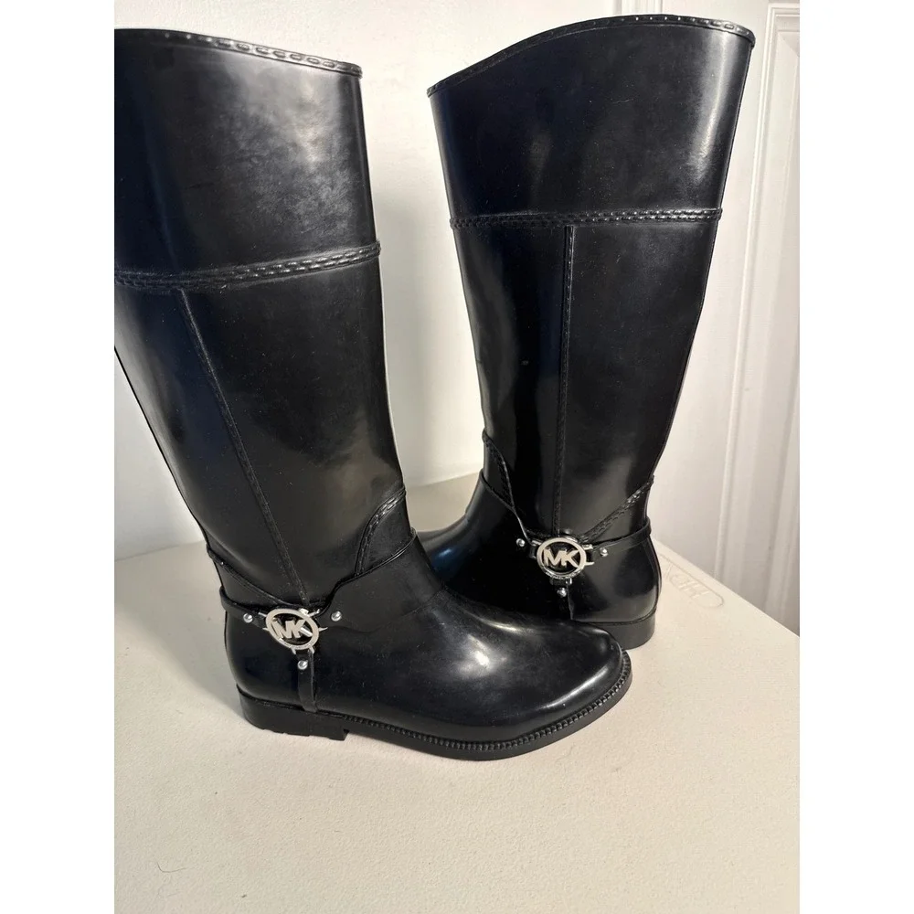 Michael Kors Fulton Harness Rain Boots Black Rubber Tall MK Logo Women 10M